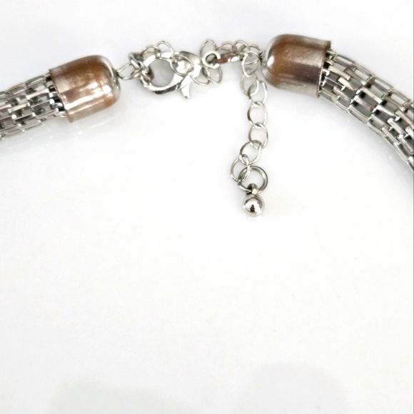 Fuschia Pink Silvertone Rhinestone Accent Beaded Mesh Chain Necklace - Picture 7 of 8